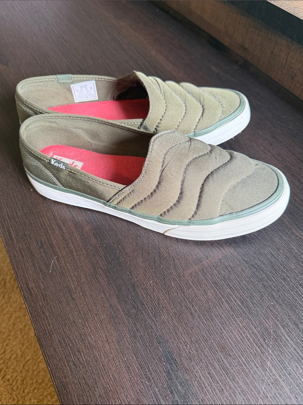 Keds Olive Quilted Slip-On Flats with Pink Insole